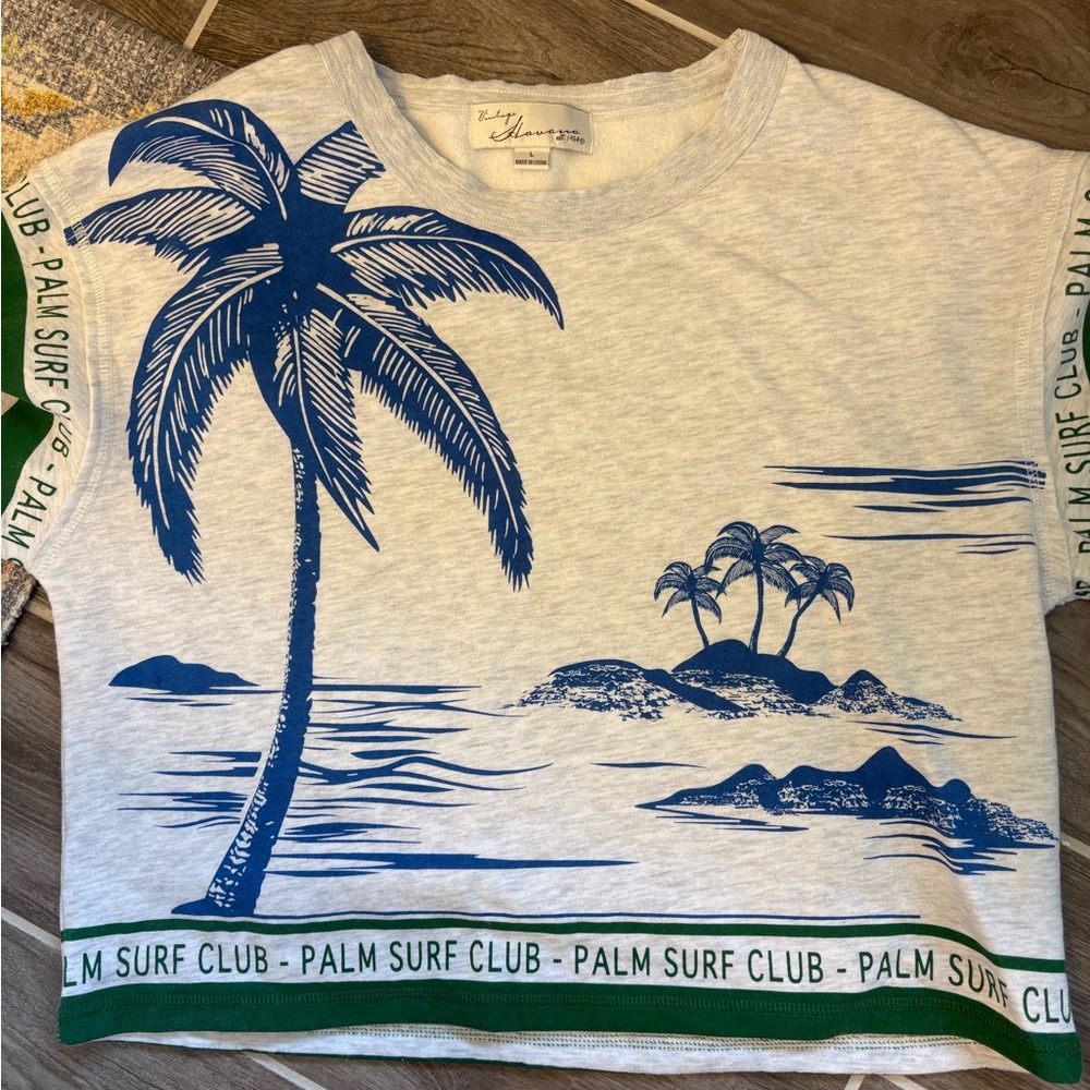 Vintage Havana palm surf club print grey sweatshirt and sweatpants set.